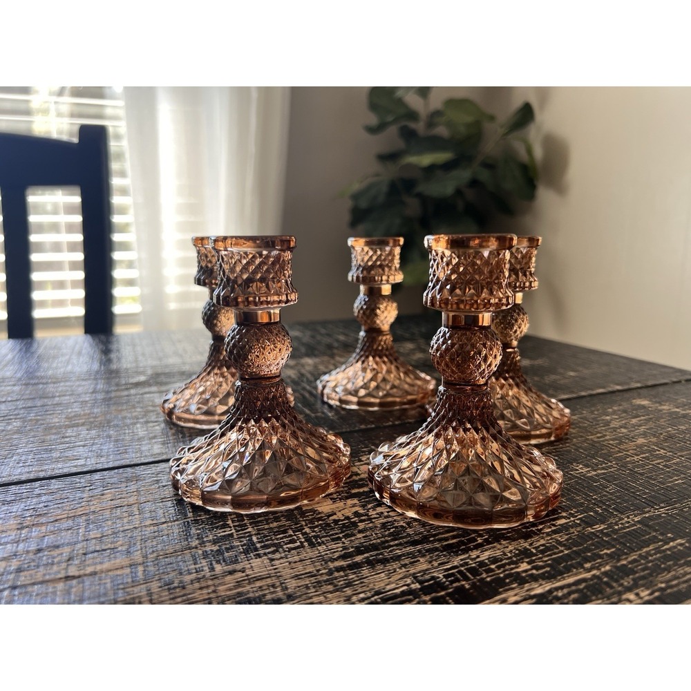Vintage Amber Glass Candlestick Holders Diamond Pattern Taper Candle Set Of 6